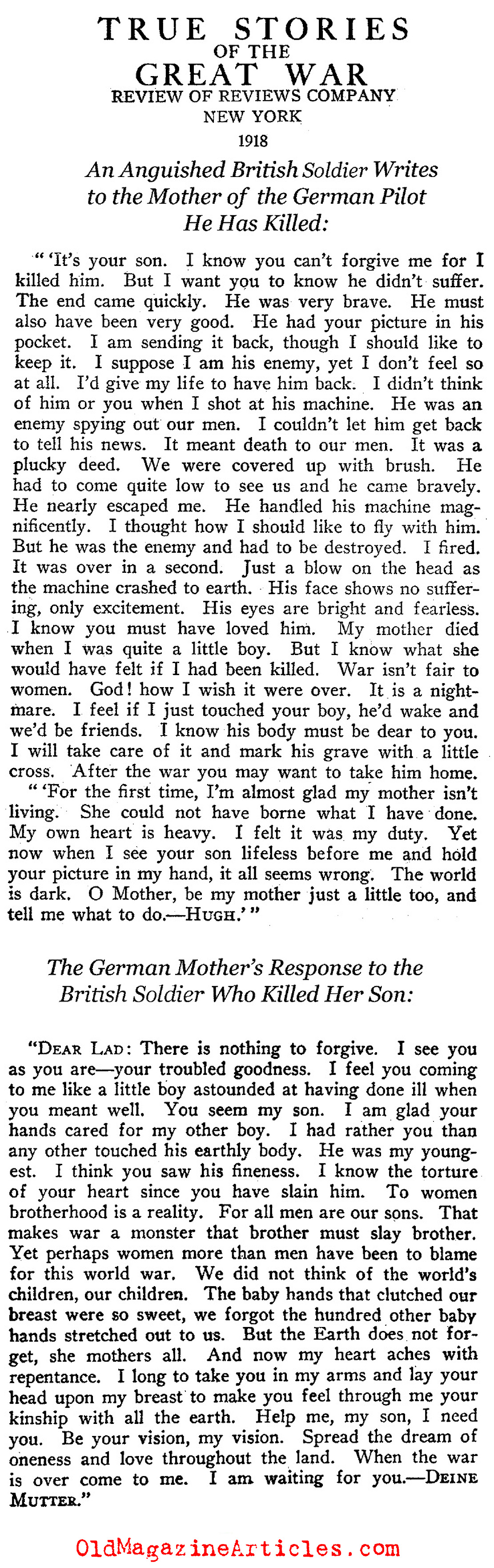 A British Tommy to the Mother of his Victim (True Stories of the Great War, 1918)